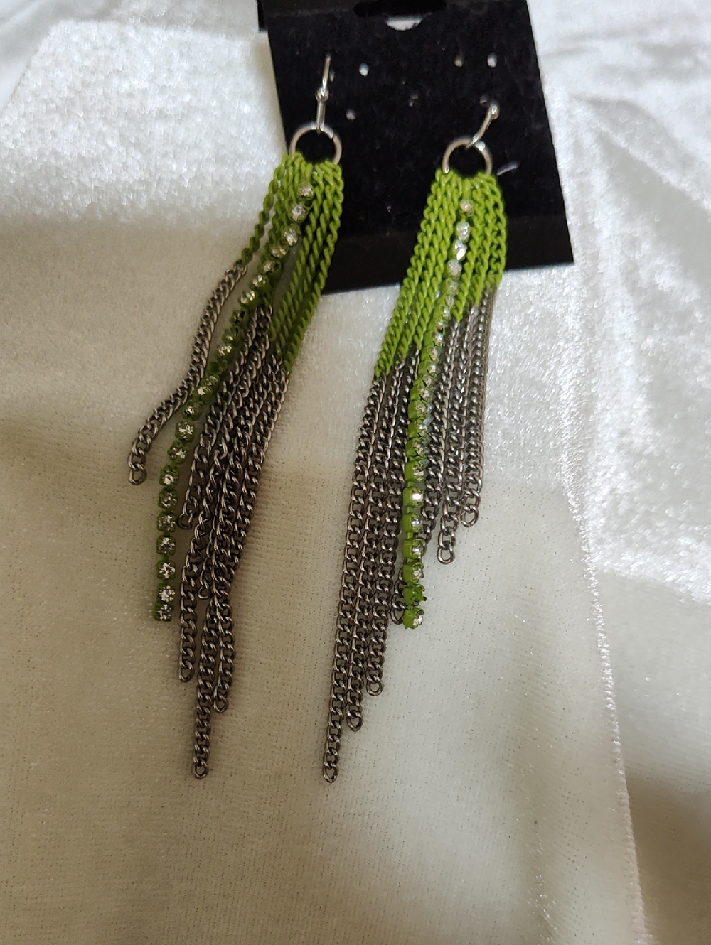Green Fringe Chain Drop Earrings with Rhinestone Accents